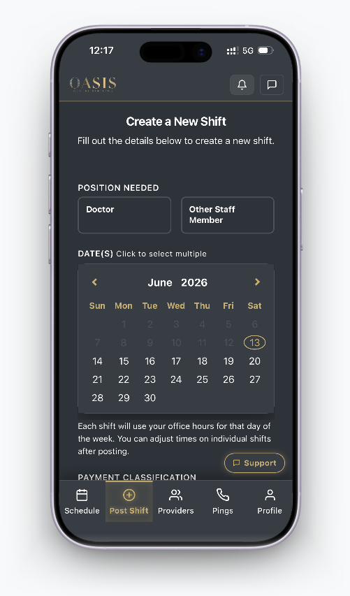 Oasis app create-a-shift screen for dental practices